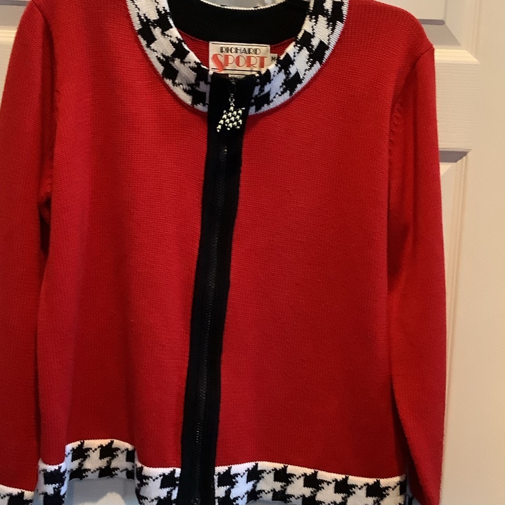 Elegant Red Cardigan with Black‎ and White Trim